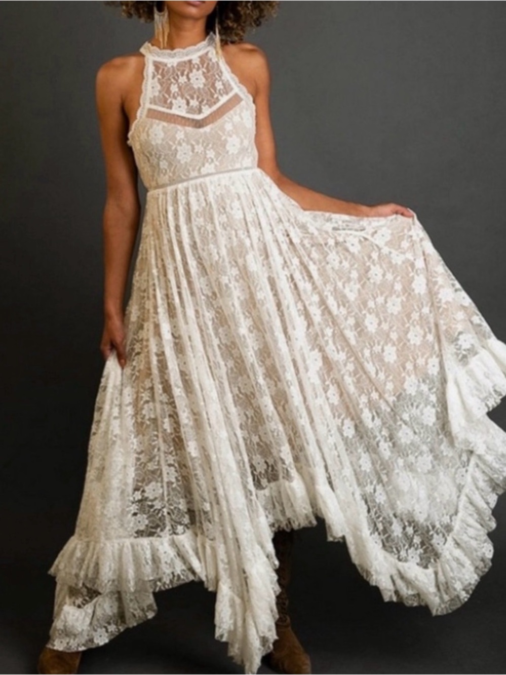 Joyfolie Ivory Lace Midi Halter Dress